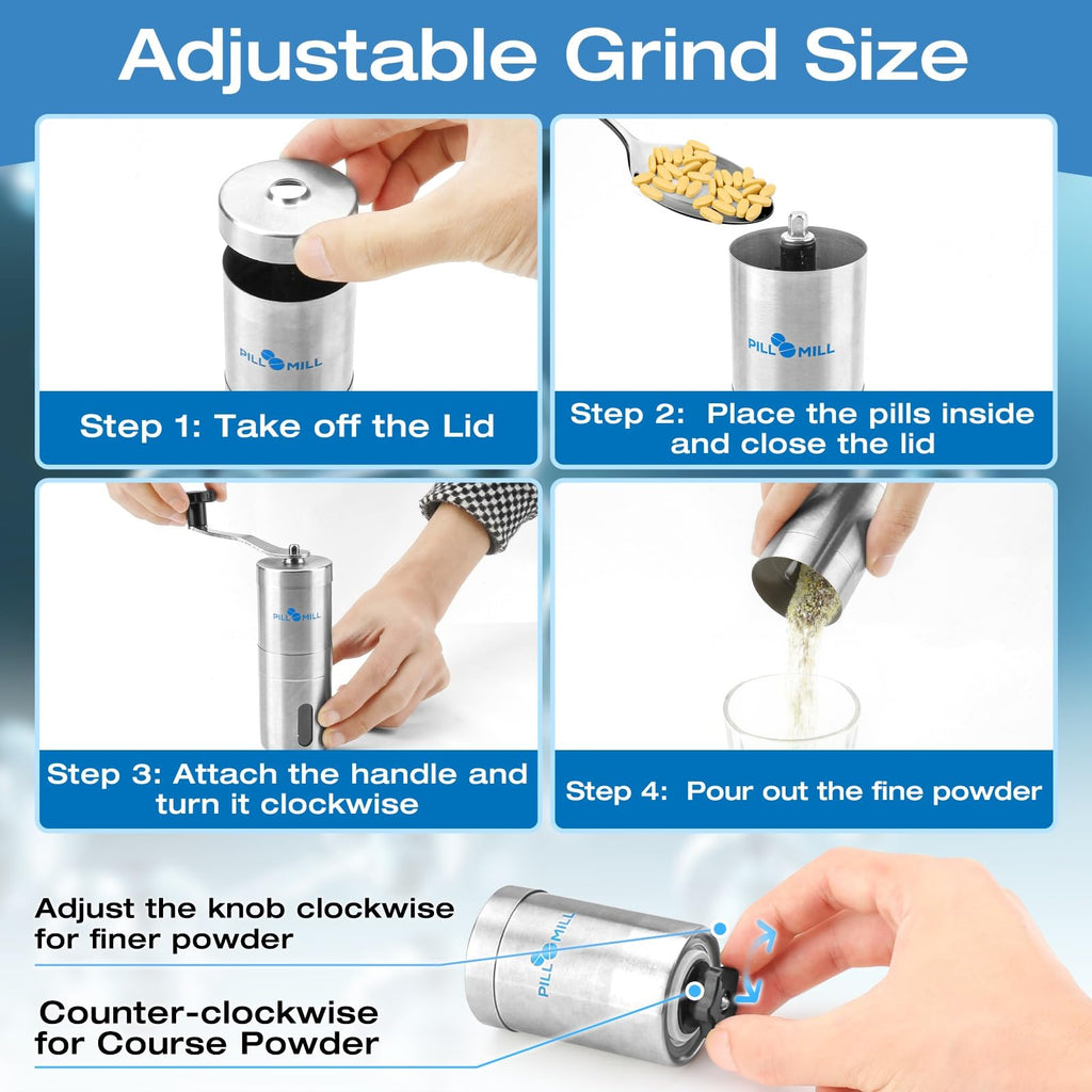 Pill Mill Pill Crusher - Crushes Multiple Tablets to a Fine Powder - Metal Medicine Grinder - Tablet Pulverizer Perfect for Travel - Great for Feeding Tube use, Pets or easier Medicine intake for Kids