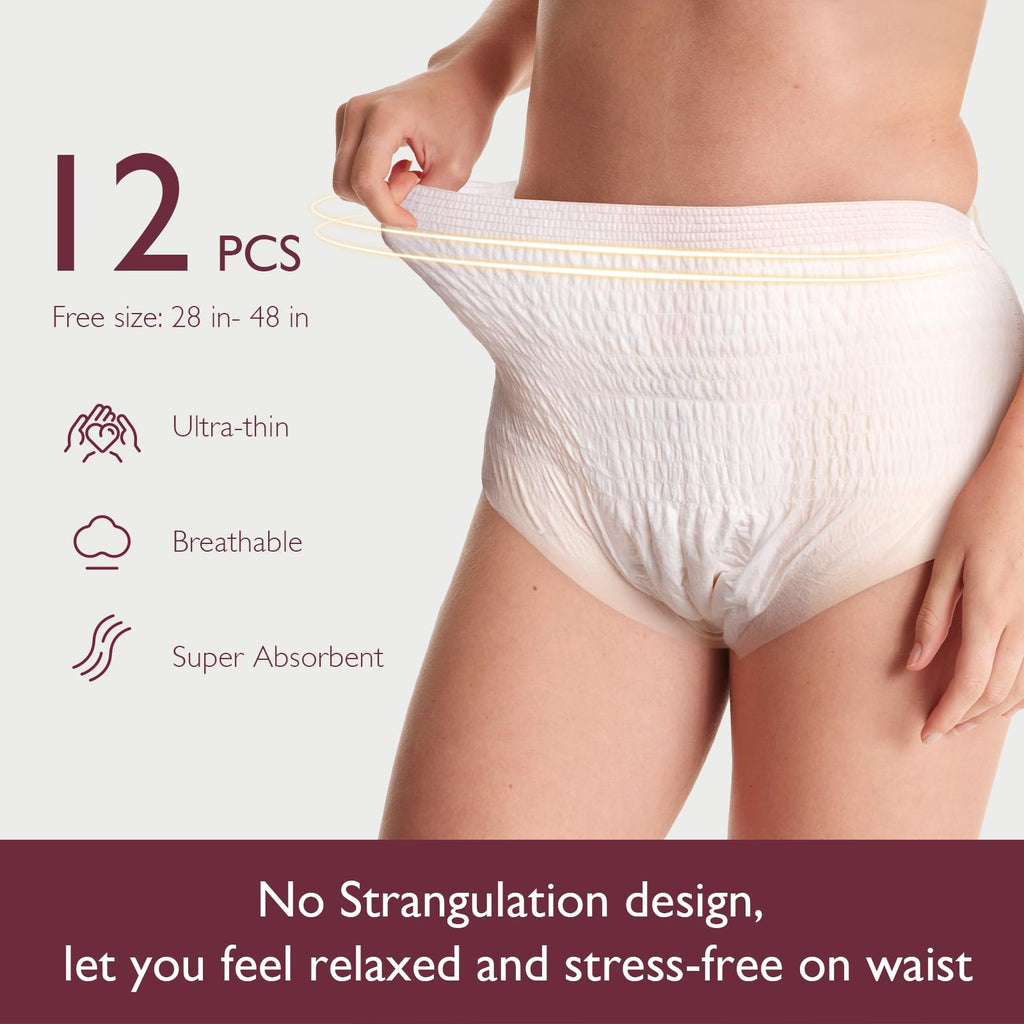 Momcozy Postpartum Disposable Underwear, 12 PCS No Leak New-Thin Built-in Pad Self-Absorbent Free-Move Period Underpants for Women Mothers Moms Labor Delivery Care White