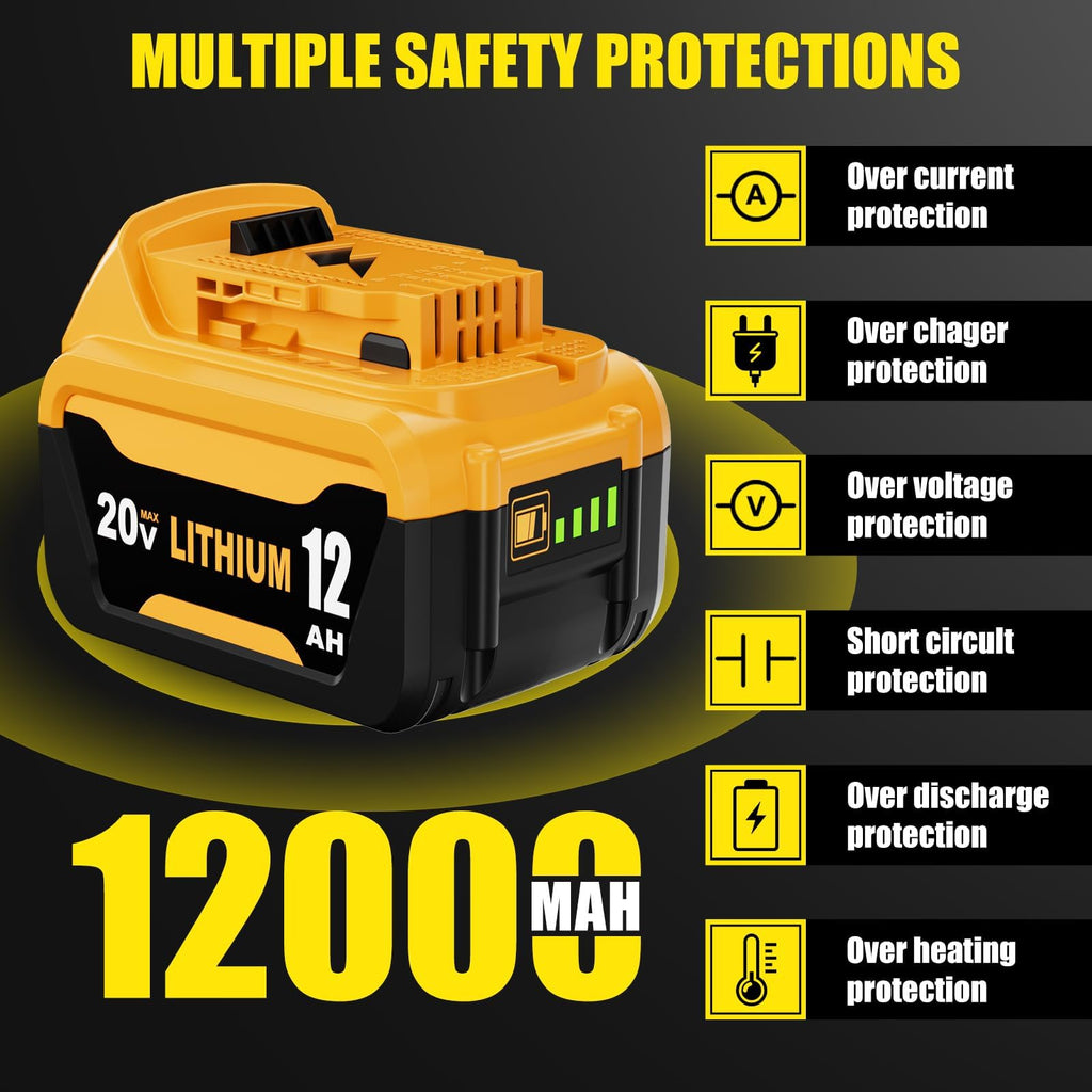 Goldspill 2 Packs 12000mAh High Capacity DCB206 Replacement for Dewalt 20V Max Battery Compatible with Dewalt 20V Battery Lithium Ion DCB200 DCB201 DCB203 DCB207 DCD/DCF/DCG Series Power Tools