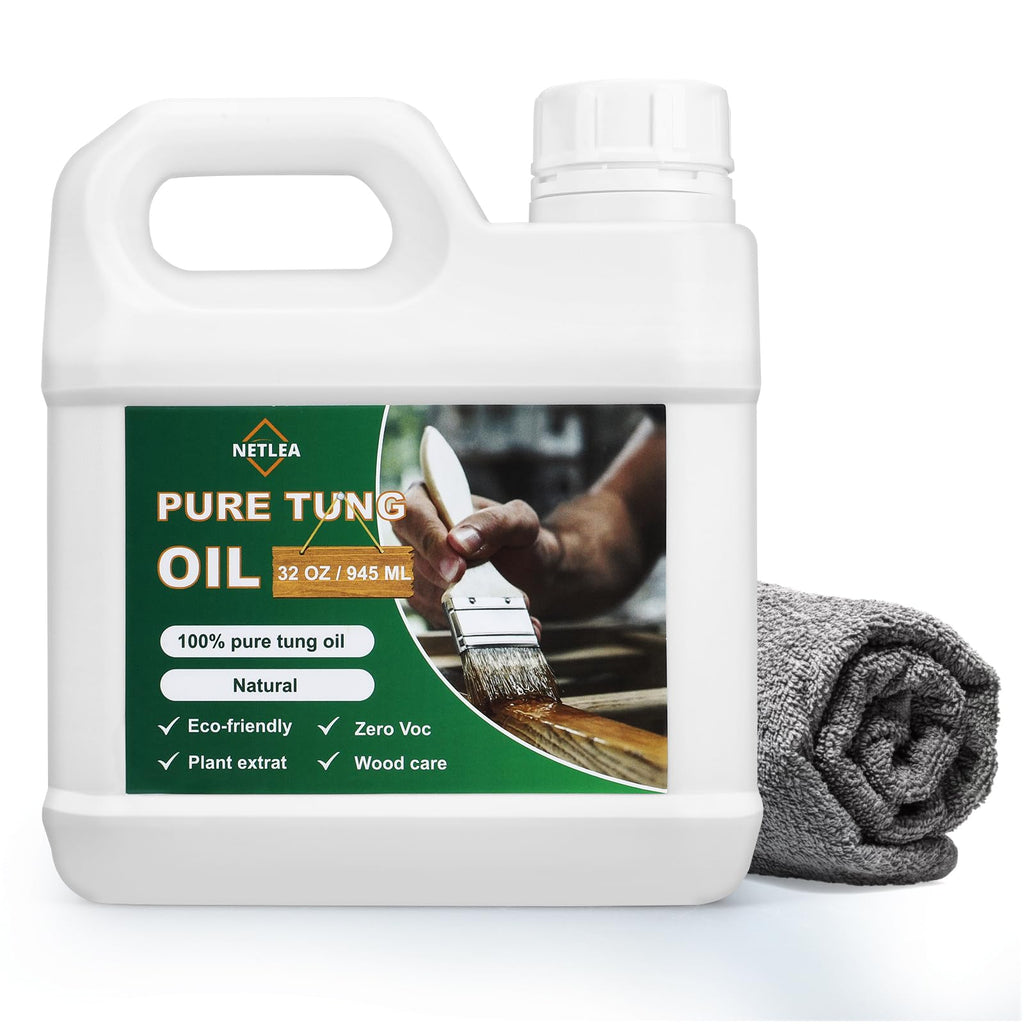 Netlea 32OZ 100% Pure Tung Oil for Wood–Food Safe Wood Oil for Indoor & Outdoor Use, Ideal for Furniture, Floors, Countertops & More – Includes Soft Towel