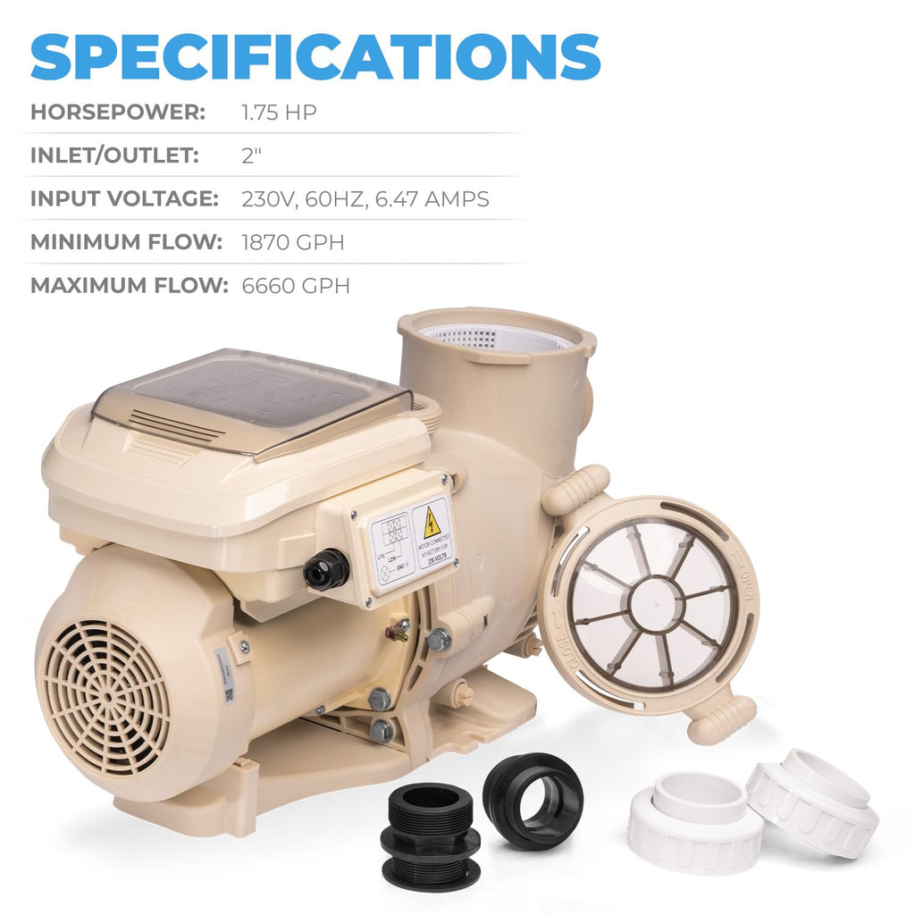 XtremepowerUS 1.5 HP Variable Speed Swimming Pool Pump 230V, In-Ground Pool, 6,660 GPH High Performance Max 1.75HP with Adapter Fitting Set (Inlet Fitting 1.5" / 2")