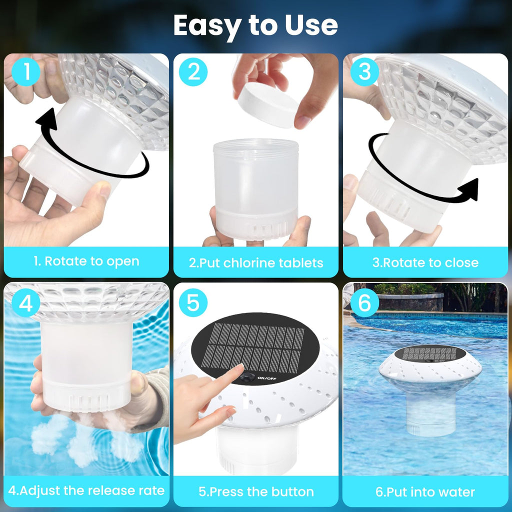 2026 Upgrade Solar Pool Chlorine Floater 3 Inch Tablets(2 Pack), 1800mAh Floating Pool Lights with Remote, 42 Lighting, Timer Function, IP68 Waterproof for Inground/Above Ground Pool, Pool Party, SPA