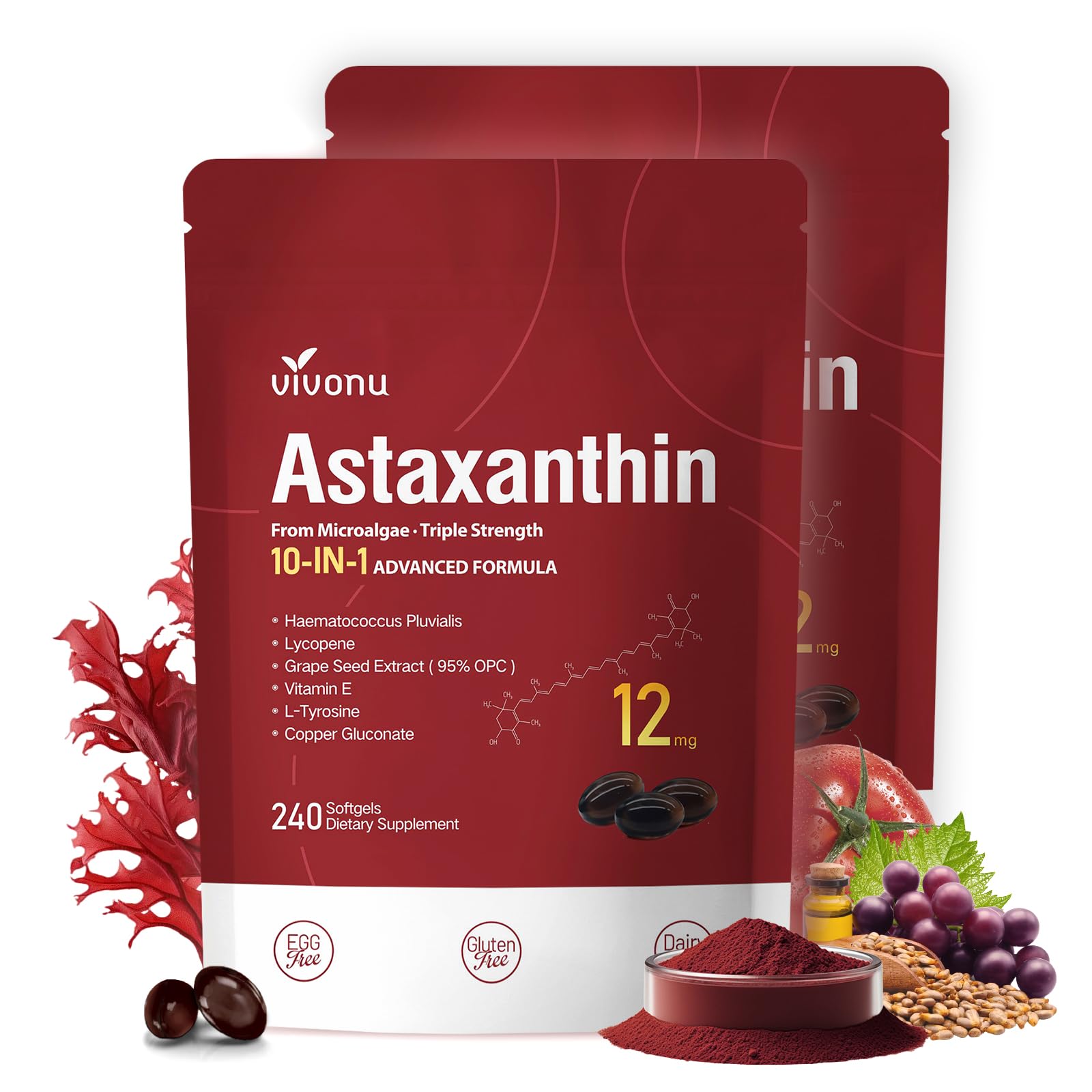 10 in 1 Astaxanthin Supplements 12mg, 8 Month Supply, Astaxantina Antioxidant from Fresh Haematococcus Pluvialis, Contains Lycopene, Grape Seed, Vitamin E, More Supports Eye, Joints, Skin Health, 2Bag