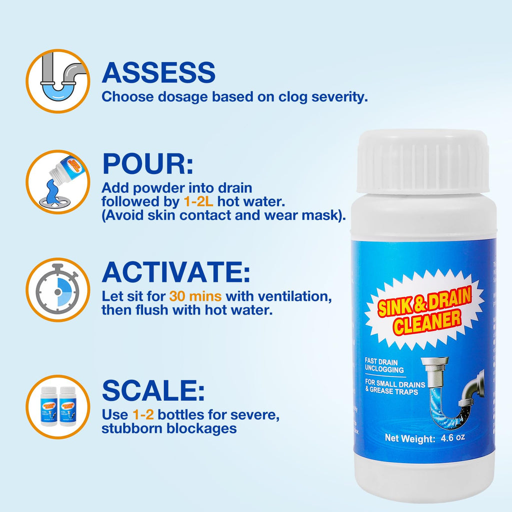 Sink and Drain Cleaner Powder - Powerful Powdered Drain Clog Remover for Kitchen Pipes & Tubs - Fast Acting Formula Immediate Relief Sluggish（130gx4 Pack）