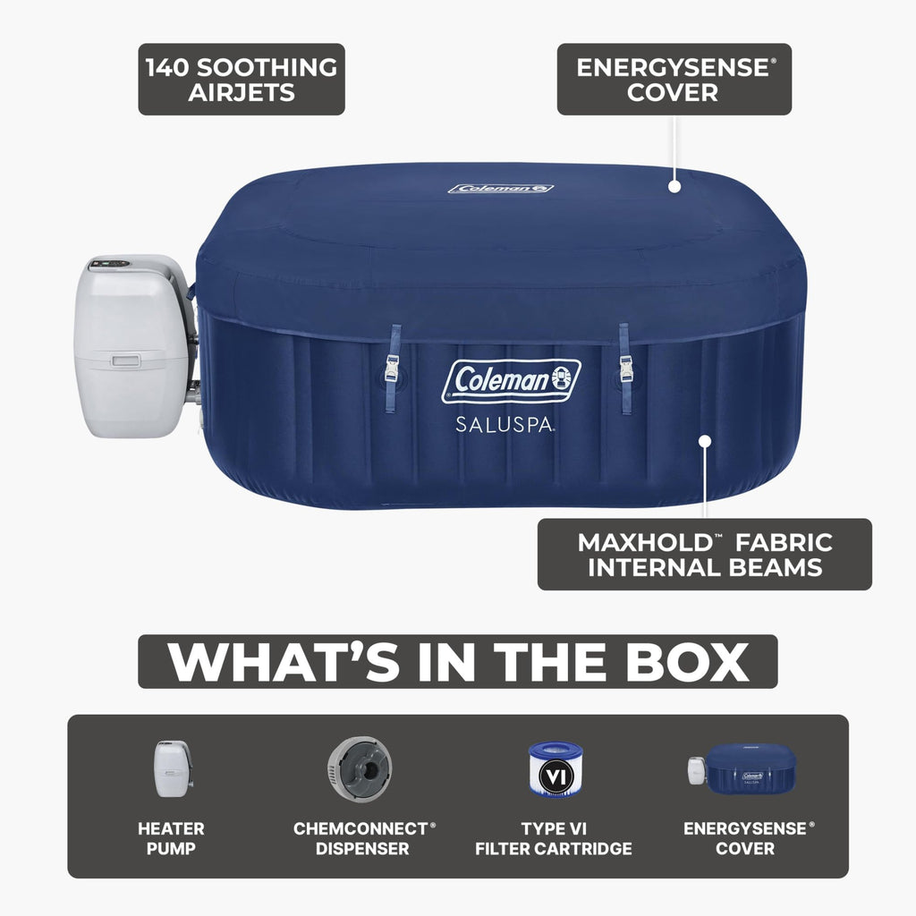 Coleman SaluSpa Atlantis AirJet Inflatable Hot Tub, 4 to 6 Person Square Portable Outdoor Spa with 140 Air Jets, App Control and EnergySense Insulated Cover, 71" x 28"