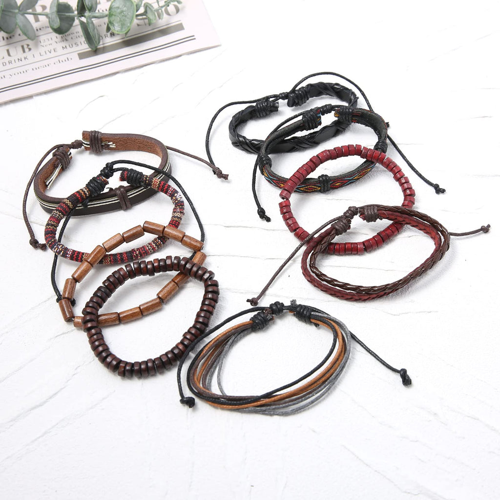 HZMAN Handmade Hemp Cords Wood Beads Leather Bracelets for Men Women