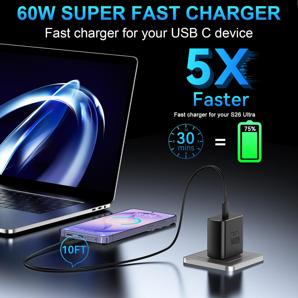 60W Super Fast Charger USB C, Type C Android Phone Charger Fast Charging