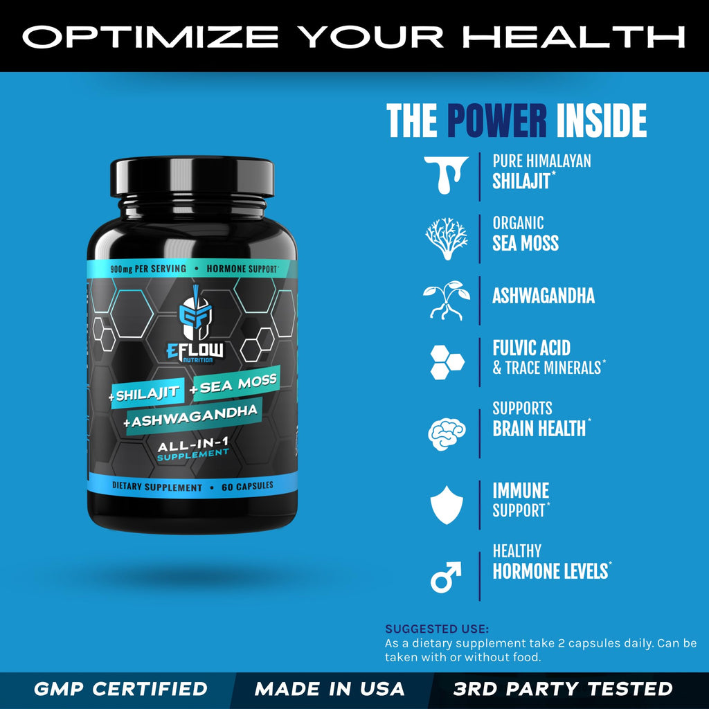 eFlow Nutrition Shilajit Capsules, Ashwagandha, Sea Moss [All-in-1] Trace Minerals, Fulvic Acid, Lab Tested Pure Himalayan Shilajit for Men & Women | Energy, Vitality & Hormonal Support (60 Capsules)