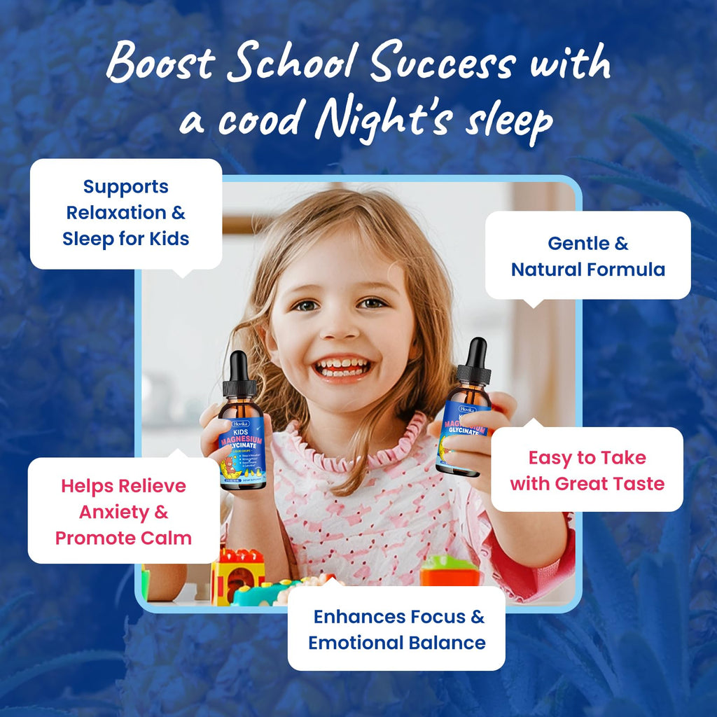 Kids Magnesium Glycinate Liquid with L-Theanine Omega-3, Vitamin B6, D3, Zinc, Magnesium Liquid Drops for Kids Sleep, Relaxation, Calm & Focus, 2 Fl Oz Pineapple Flavor