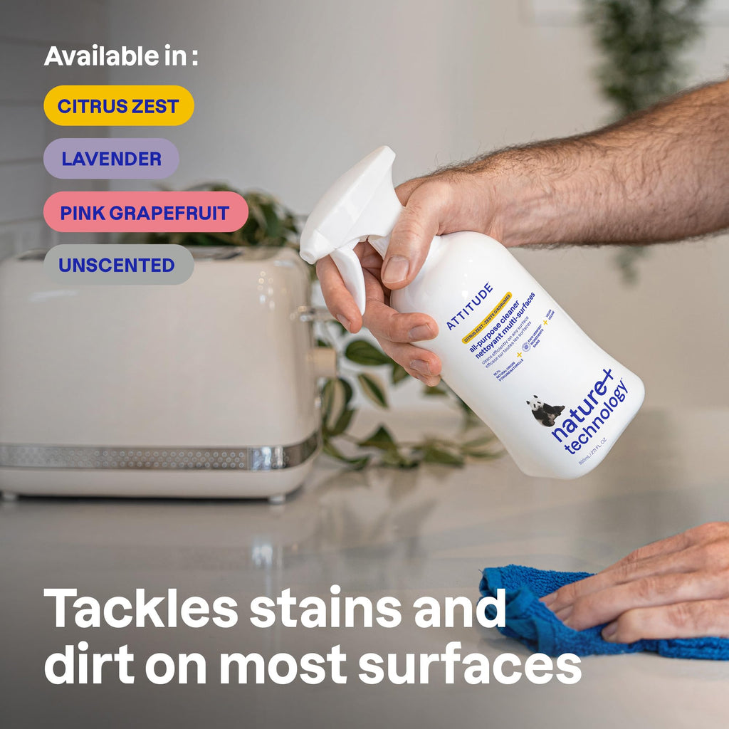 ATTITUDE All Purpose Cleaner Spray, EWG Verified, Vegan, Made with 94% Plant-Based Ingredients, Streak-Free for Kitchen, Bathroom, Glass & More, Unscented, 27.1 Fl Oz