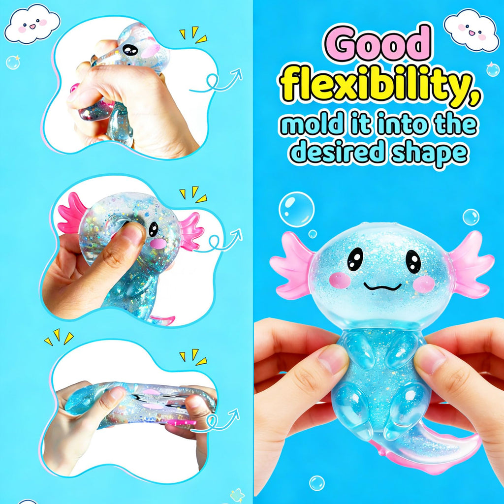 2 Pcs Axolotl Squishy Stress Relief Toy, Stretchy Axolotls Stress Soft Squeeze Sensory Fidget Toys for Kids Adults, Cute Axolotls Squishies Party Favors Classroom (BluePink)
