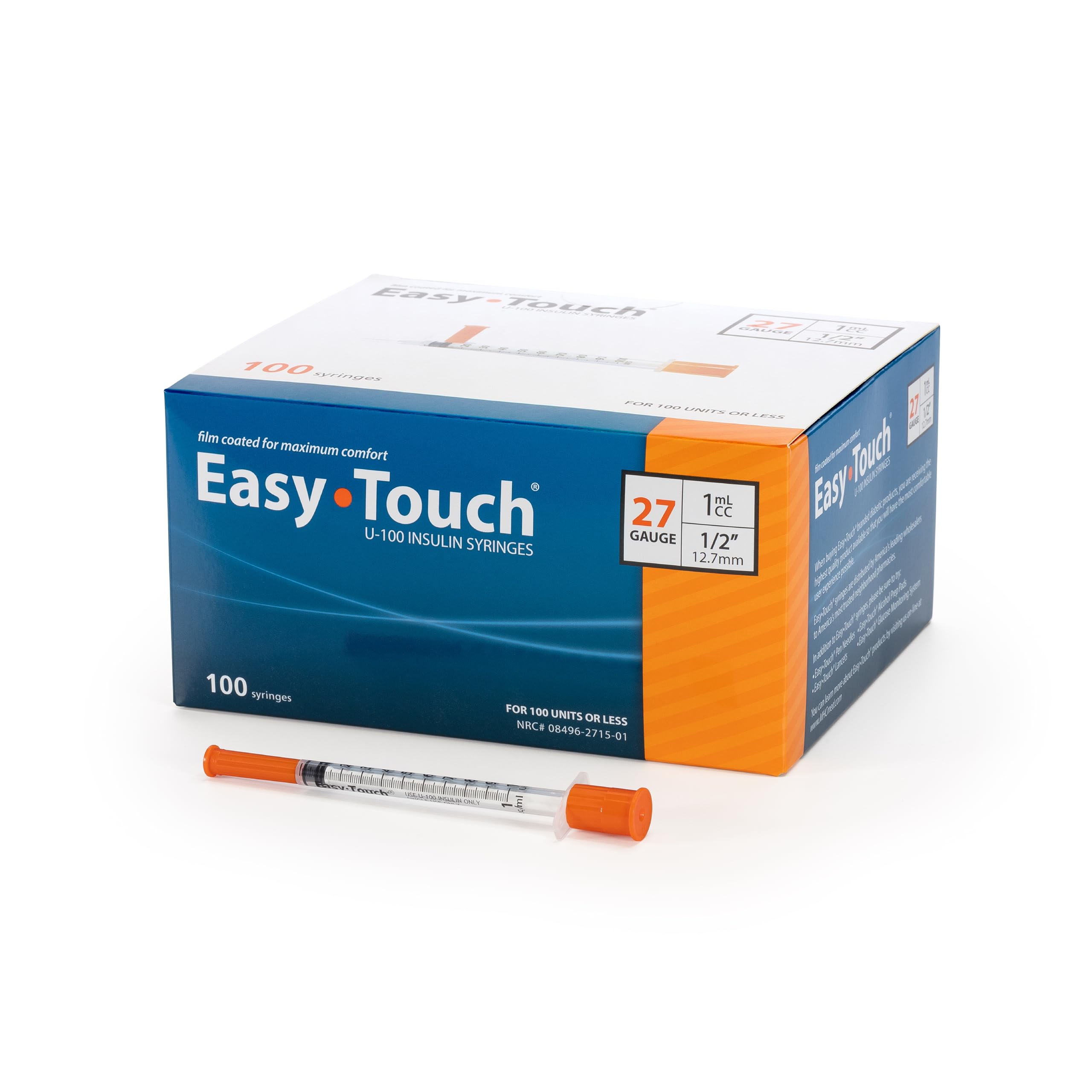 EasyTouch U-100 Insulin Syringes (27G 1.0cc 1/2") - 100ct.