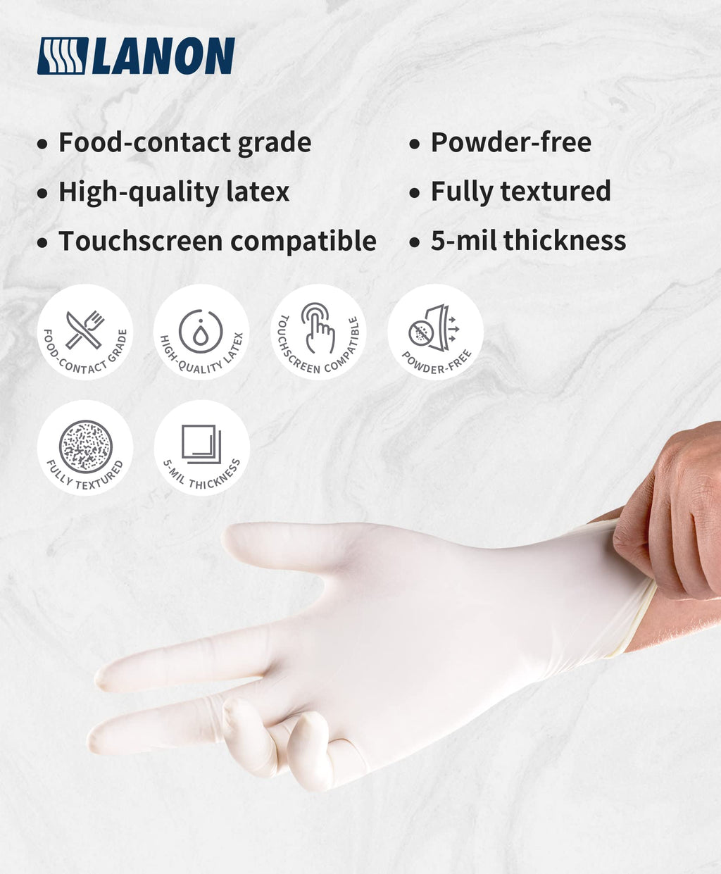 LANON 5 mil Latex Disposable Gloves, Food-Contact Grade, Powder-Free, Fully Textured, White, Medium