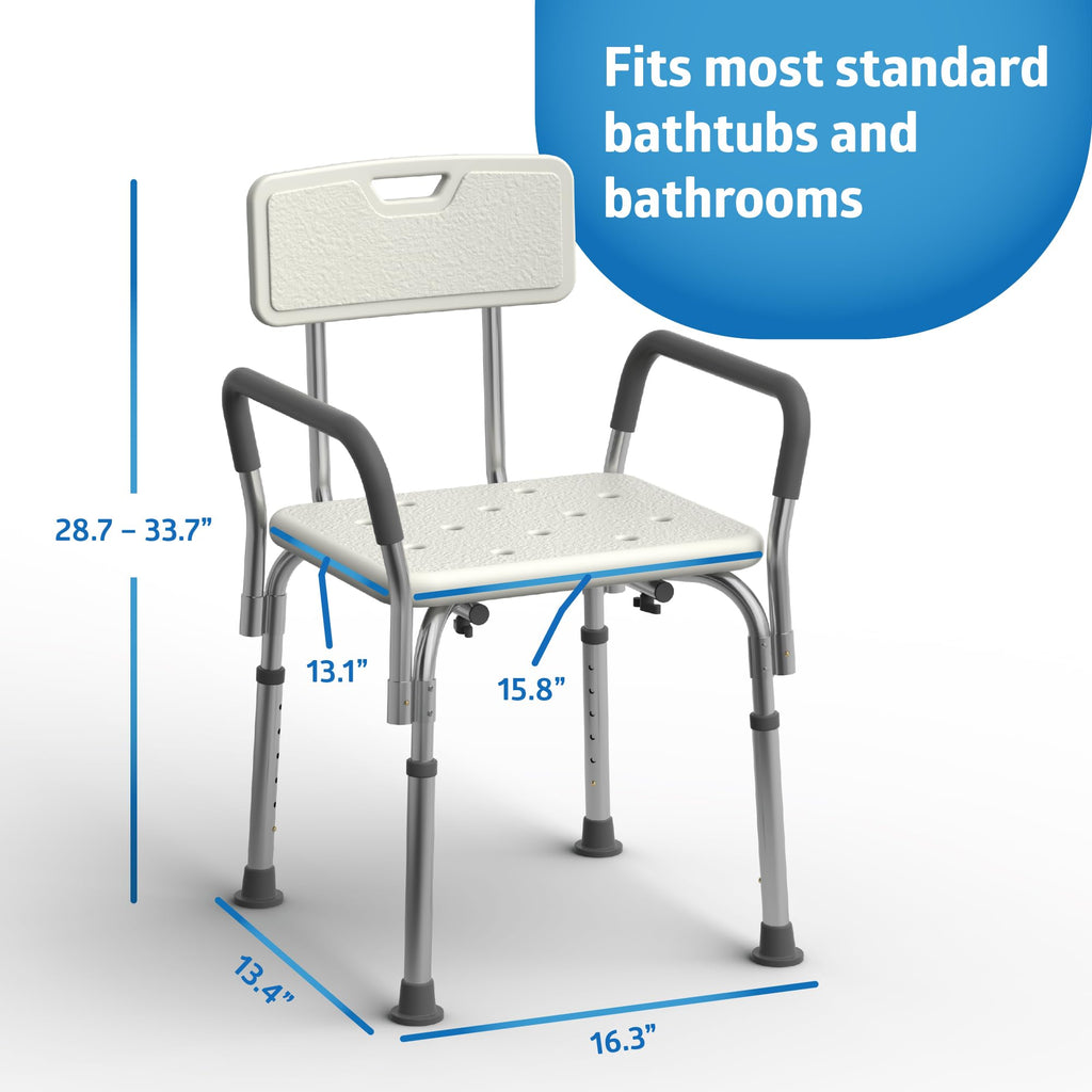 Medline Shower Chair Seat with Padded Armrests and Back | Heavy Duty Shower Chair for Bathtub | Slip Resistant Shower Seat with Adjustable Height | Shower Chair for Inside Shower with 350 lb Capacity