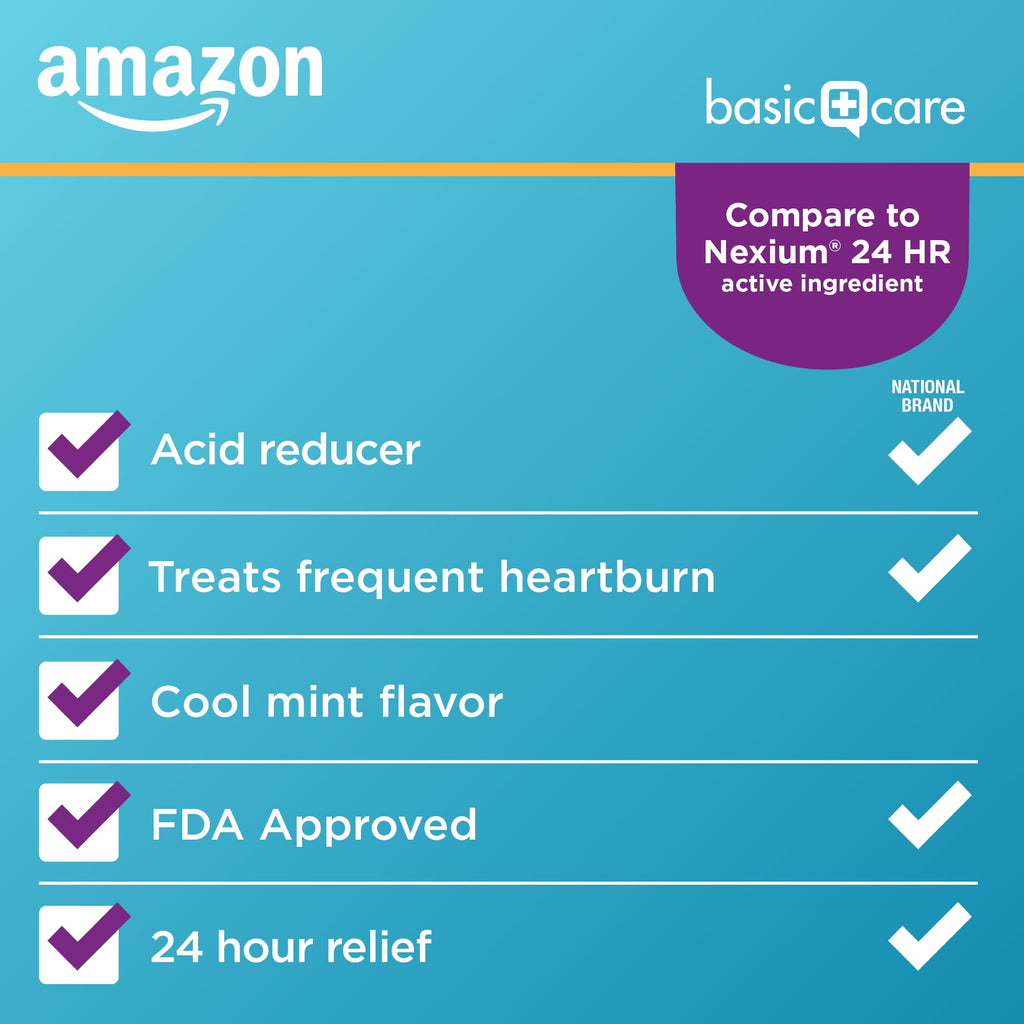 Amazon Basic Care Esomeprazole Magnesium Delayed-Release Capsules 20 mg, Acid Reducer, Treats Frequent Heartburn, Cool Mint Flavor, 24 Hour Heartburn Medicine, 14 Count
