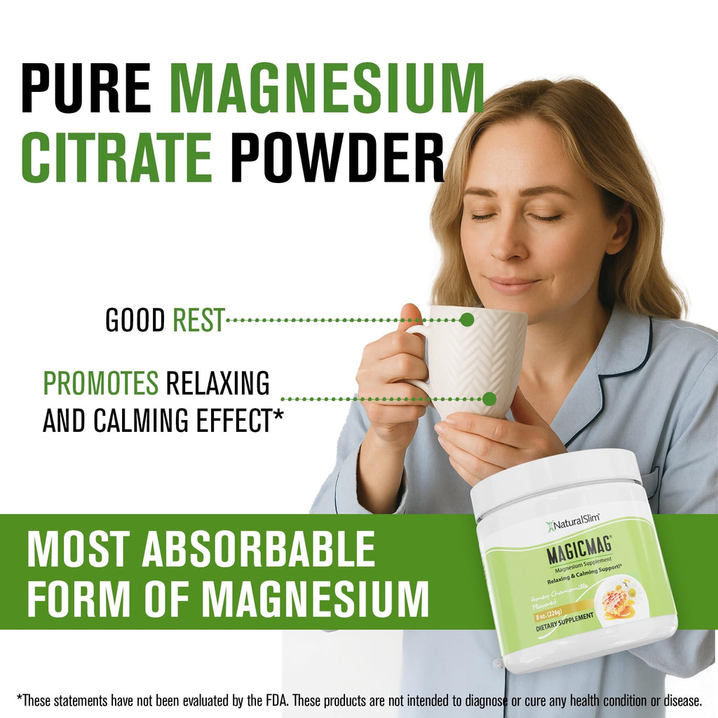 NaturalSlim MagicMag Magnesium Citrate Powder Drink for Relaxation, Stress, Constipation, Better Rest & Digestive Health, Magnesium Supplement for Women and Men, Honey Chamomile 8oz