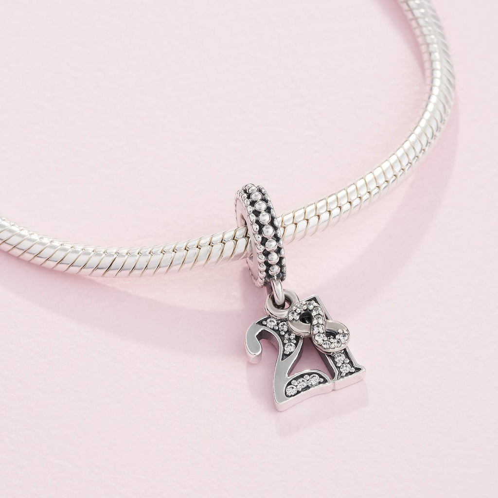 PANDORA 21st Celebration Dangle Charm - Compatible Moments - Sterling Silver with Clear Cubic Zirconia - Gift for Her - Jewelry for Women with Gift Box
