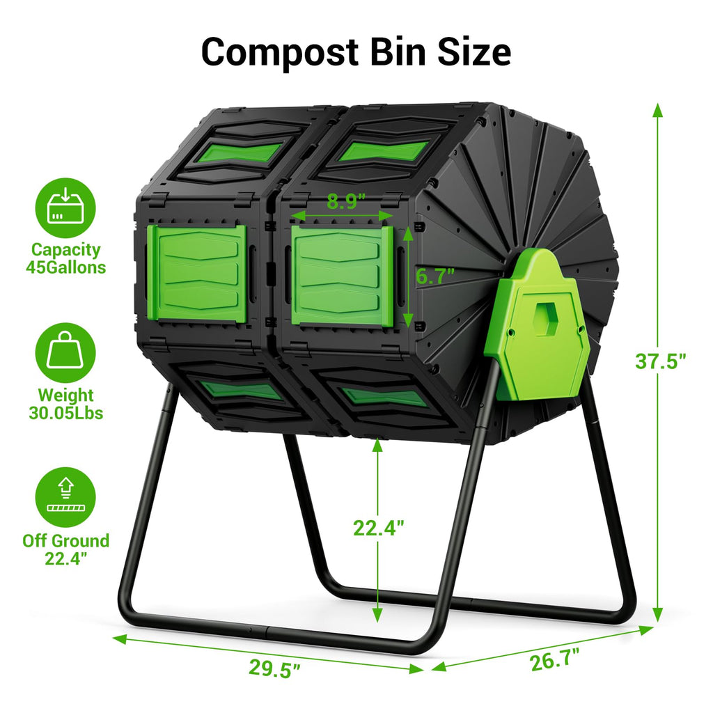 Compost Tumbler, Easy Assemble & Efficient Outdoor Compost Bin, 45 Gallon/170 Liter Large Dual Chamber Rotating Composter for Garden, Kitchen, and Yard Waste, Green Door