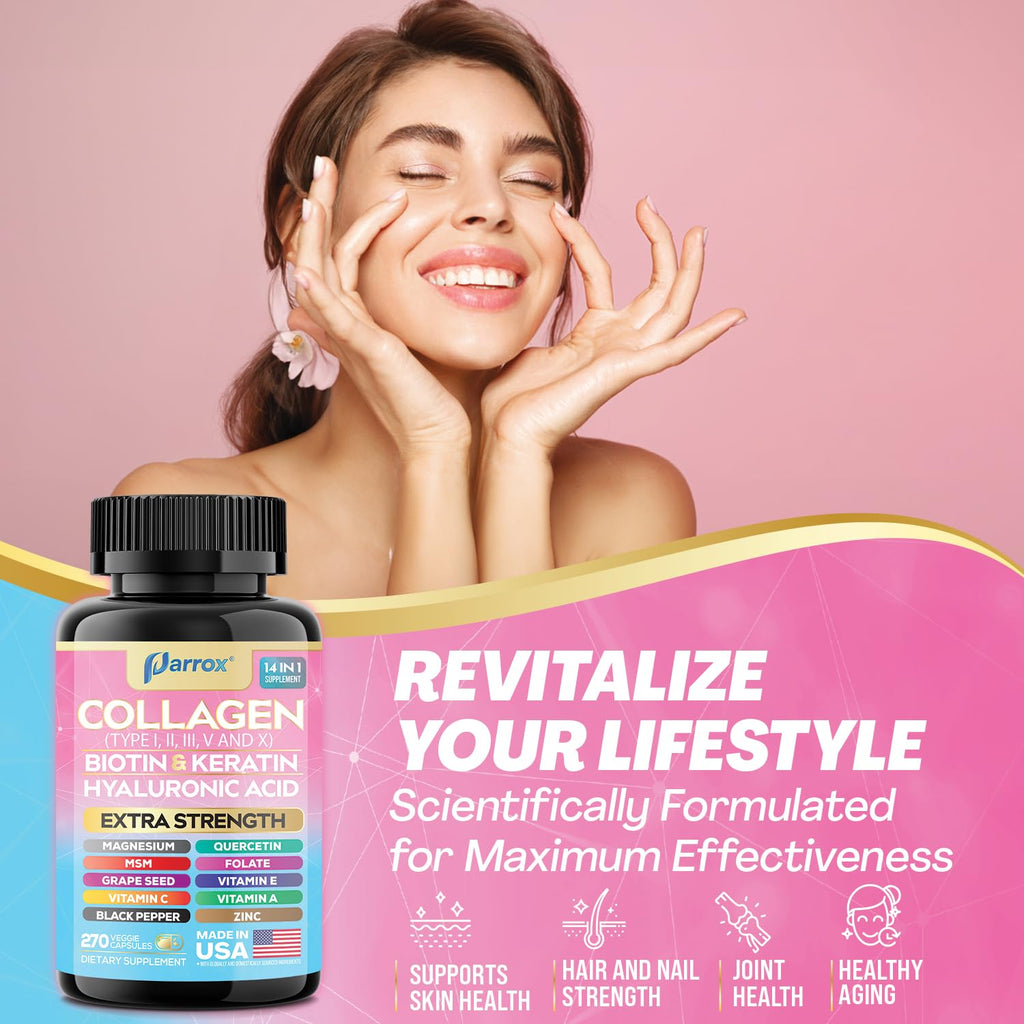 Parrox Collagen Peptides Types I, II, III, V & X, MCG Biotin, Keratin, Hyaluronic Acid, MSM, Zinc, Grape Seed Extract, Quercetin, Vitamin A, Vitamin C, Vitamin E, Magnesium, Folic Acid (270 Capsules)