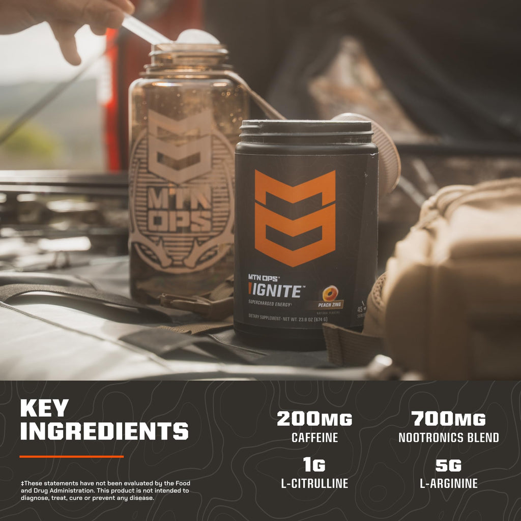 MTN OPS Ignite Sugar Free Energy Drink Powder with 200mg Caffeine, Nootropic Blend for Energy, Focus & Endurance, L Arginine & L Citrulline Pre Workout, 45 Servings, Tiger's Blood