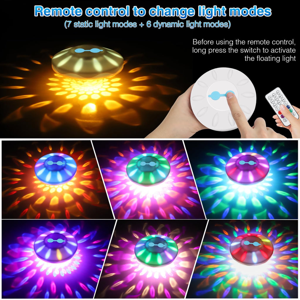 BOXPSII Floating Pool Lights(2 Pack), Pool Lights IP68 Waterproof, Rechargeable RGB Upper and Lower Color Changing Pool Floating Light with 6 Dynamic Lighting, Floating Light for Pool, Garden,Paths