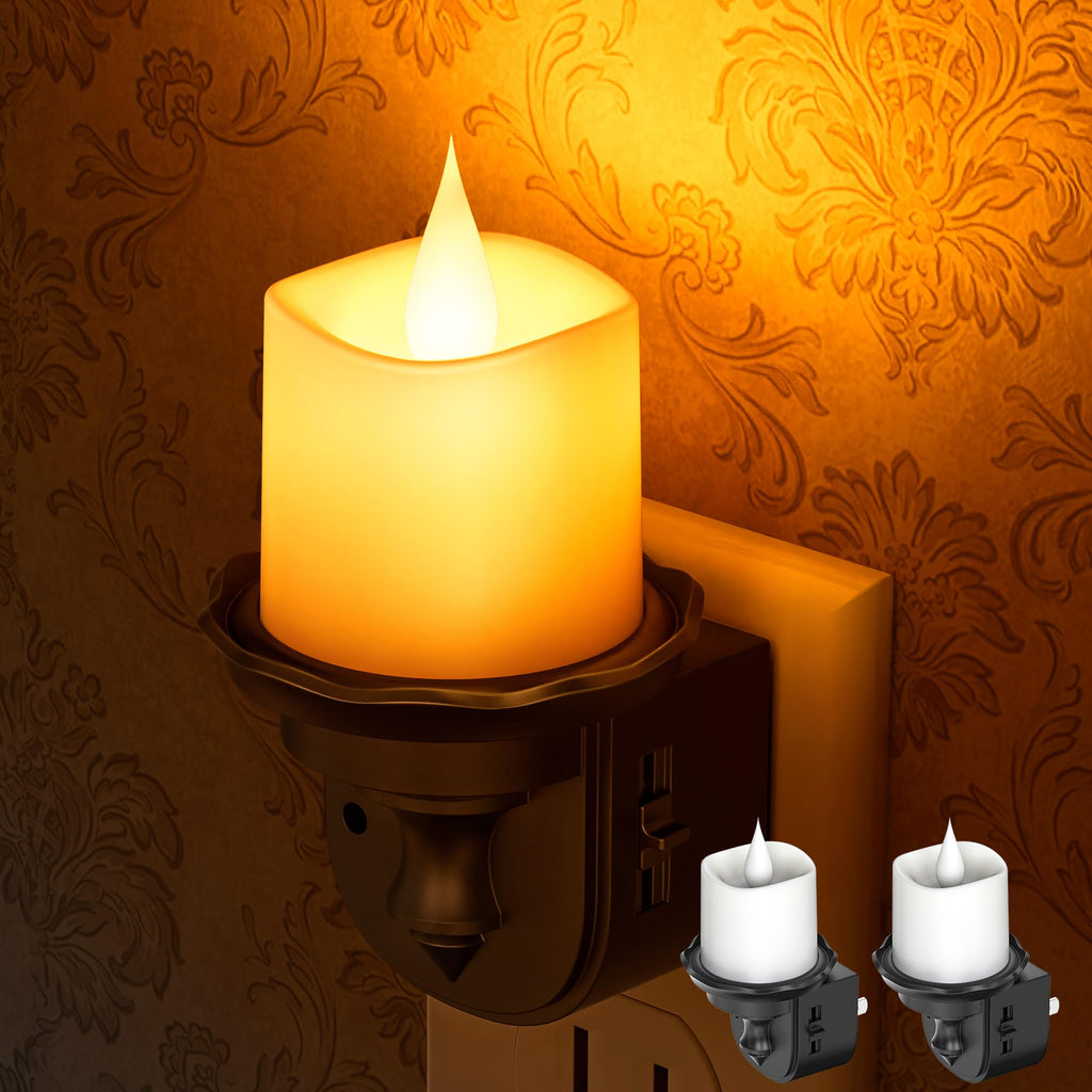 Briignite Candle Night Light, Amber Night Lights Plug into Wall 2 Pack, LED Flicker Candle Night Light with Light Sensor, 0-100LM Dimmable Nightlight for Kids Hallway Bathroom