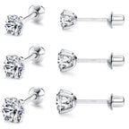 FASACCO 925 Sterling Silver Stud Earrings 18K White Gold Plated Screw Back Earrings for Women Girls Hypoallergenic Cubic Zirconia Earrings Studs 3MM 4MM 5MM Sparkling CZ Silver Over 36 Months Old