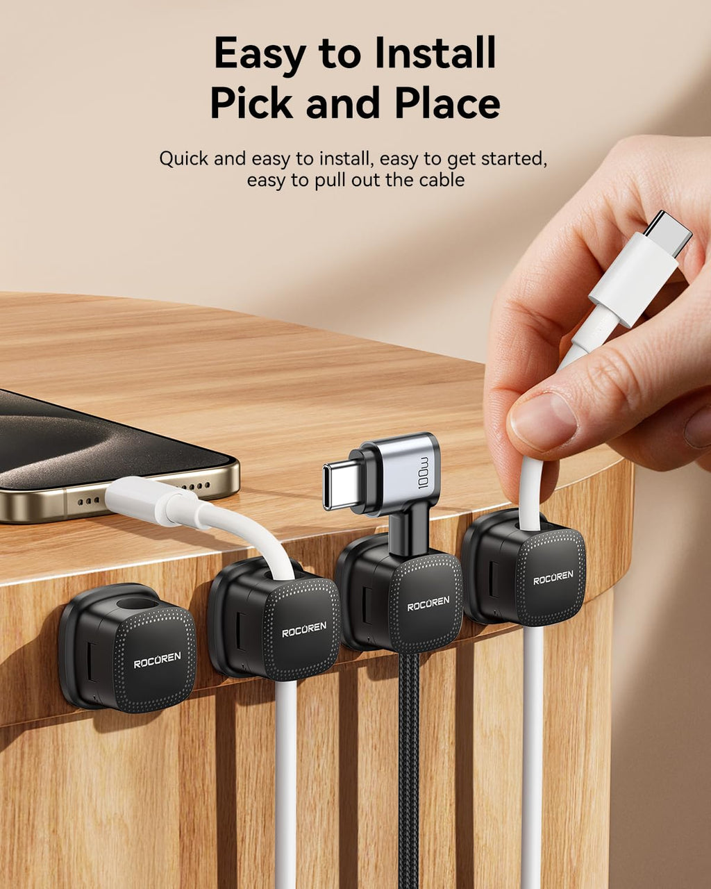 18 Pack Cable Management Cord Organizer,Magnetic Cable Clips-1s Lock,Rocoren Desk Adhesive Cord Cable Clip Wire Holder Keeper for Phone Charger Wire,Nightstand,Car,Office,Desktop Accessory,Black