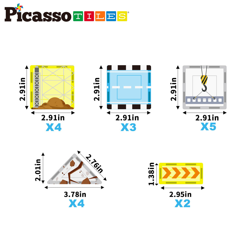 PicassoTiles Magnetic Tile Construction Set with 8 Vehicle Figures and 18 Printed Panels STEM Educational Building Kit for Kids Age 3 Plus Creative Play Learning Blocks Motor Skills Development PTQ21