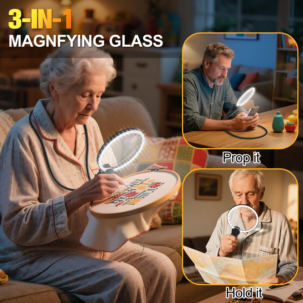 Hands Free Magnifying Glass with Light for Close Work, 5.5 Inch 5X Lighted Magnifying Glass, Neck Wear Magnifier for Reading Books, Sewing, Cross Stitch, Low Vision Seniors with Aging Eyes
