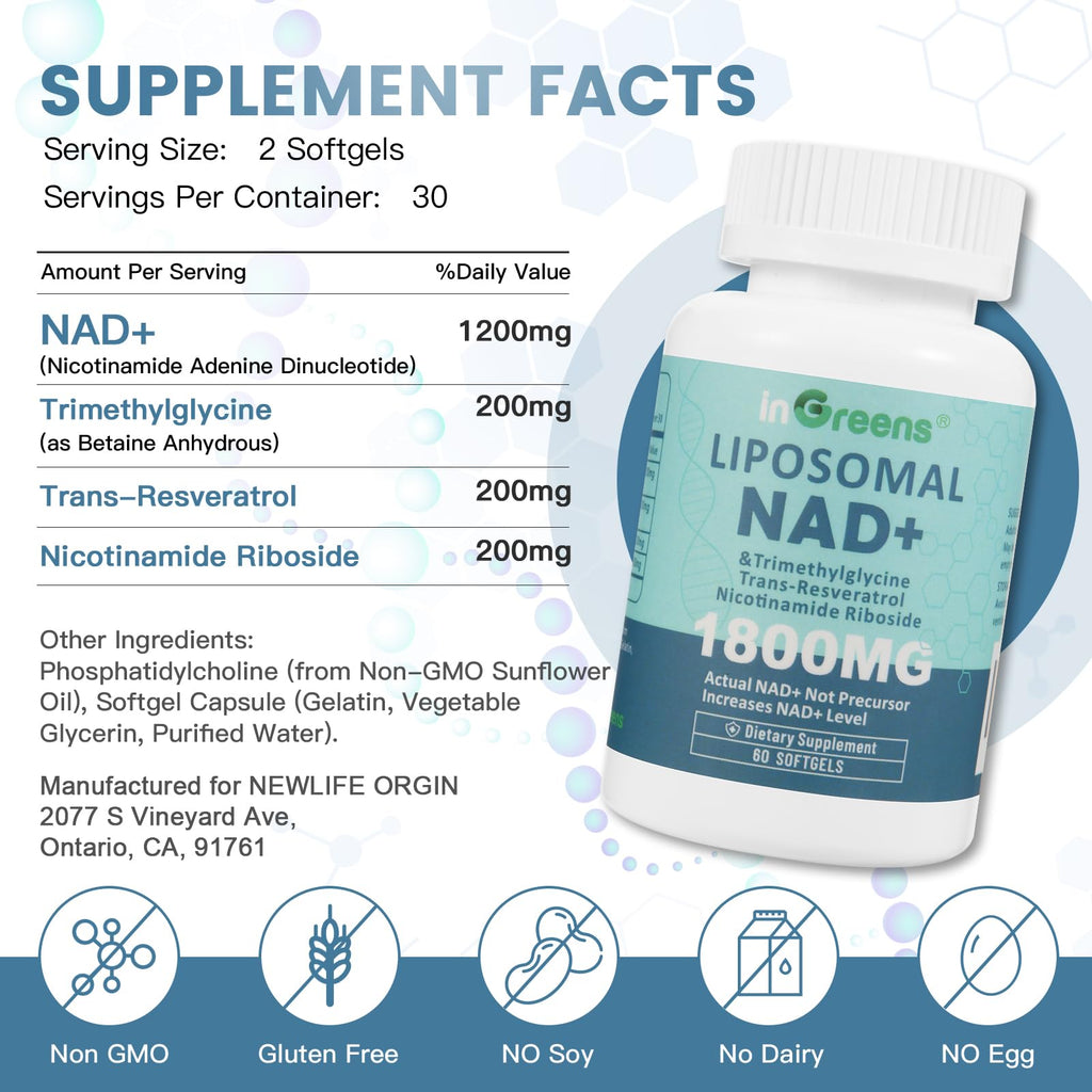 inGreens Liposomal NAD+ Supplement 1800 mg with Nicotinamide Riboside, Trans Resveratrol, Trimethylglycine，Replaces NMN, Boost NAD+, Aging Defense，Cellular Energy, 180 Softgels