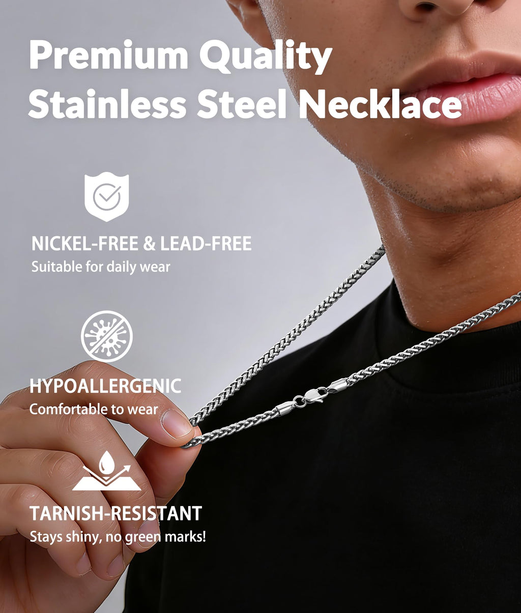 Jewlpire Silver Chain for Men, 4mm Wheat Chain Necklace Stainless Steel Necklaces Chains for Men, Mens Necklaces 20 Inch