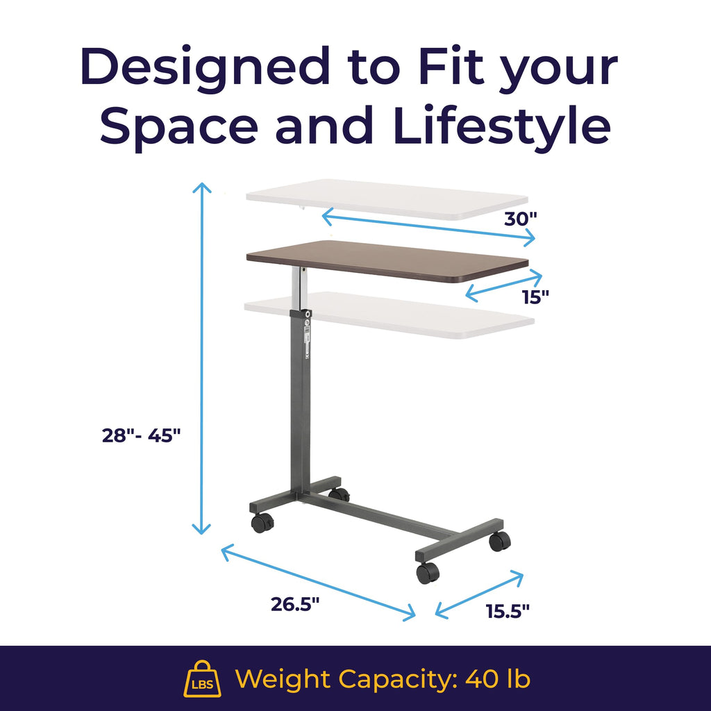 Drive Medical Overbed Table with Wheels - Secure Height Adjustment for Comfort - Non Tilt Surface - Smooth Rolling Design - Home & Hospital Use - Woodgrain Laminate Top - Silver Vein
