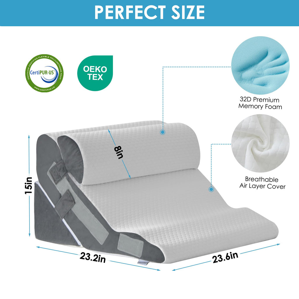 MEGCXIT 3PCS Bed Wedge Pillow for Headboard, Adjustable Wedge Pillow for Sleep Apnea, 23” Wide Triangle Pillow Wedge Set for After Surgery, Acid Reflux Relief, Snoring, Neck&Back Support, White/Grey