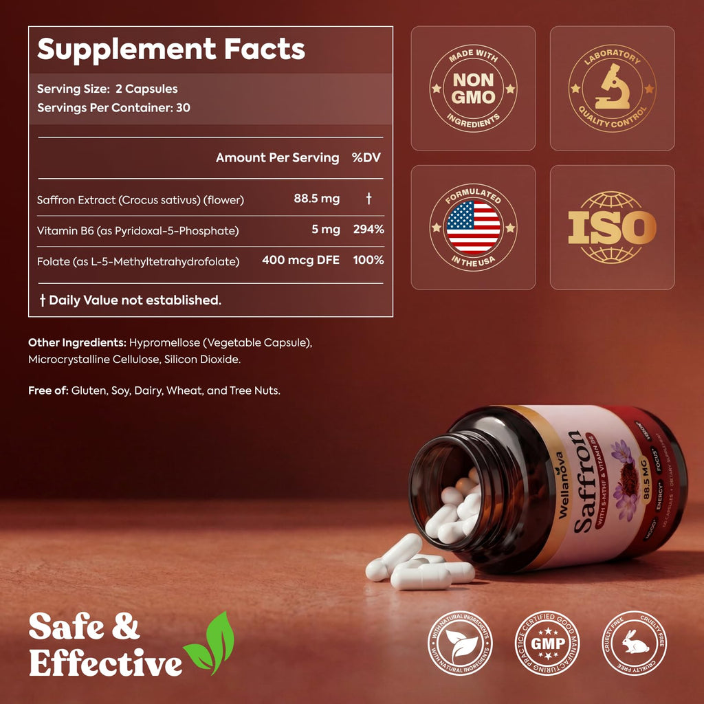 Wellanova Saffron Supplements – 88.5 mg 100% Pure Saffron Extract with Methylated Folate 5-MTHF & Vitamin B6 – Mood, Focus, Vision & Energy Support – 60 Capsules