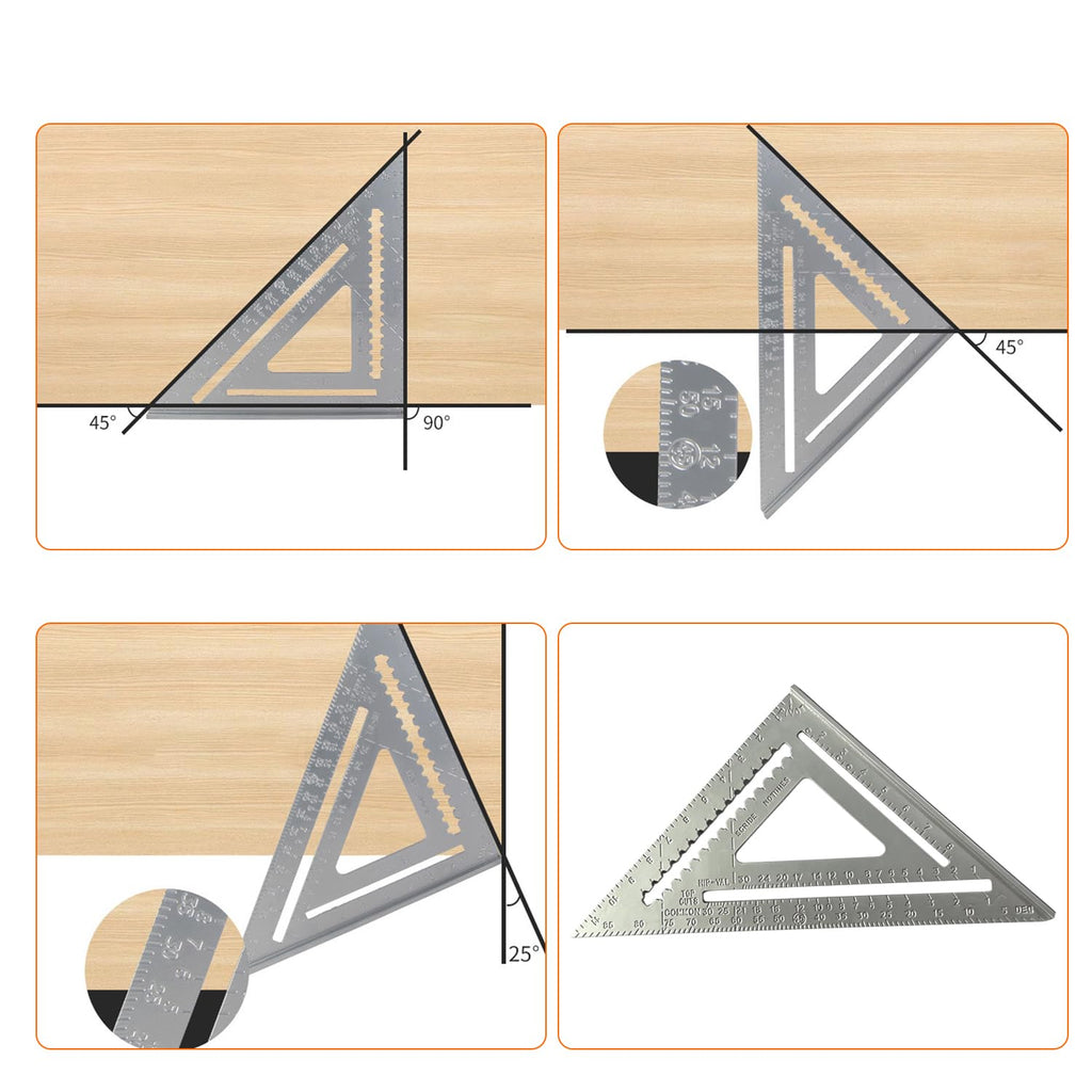 12 Inch Aluminum Rafter Square - Double-Sided Engraved Scales, Precision Carpentry Tool for Woodworking, Roof Pitch & Angle Marking