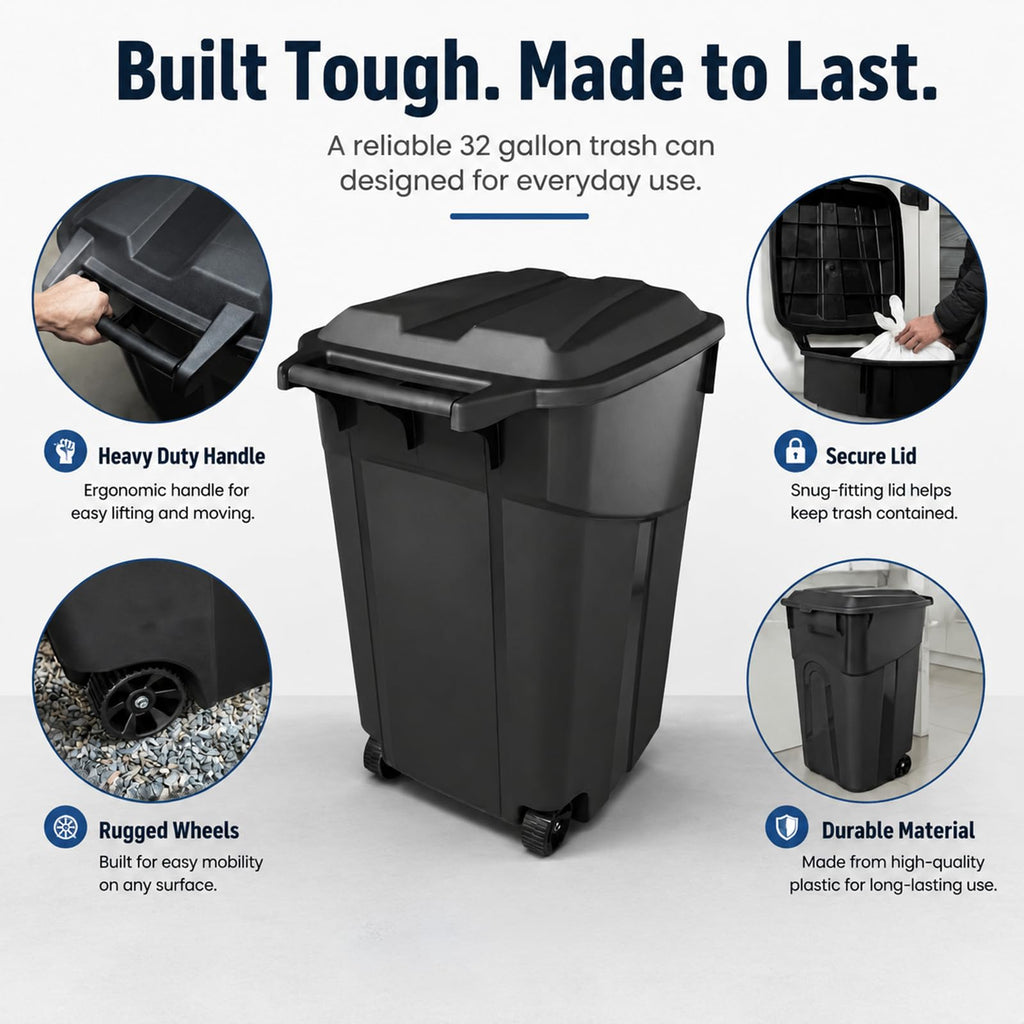 32 Gallon Outdoor Trash Can with Lid, Heavy-Duty Wheeled Garbage Bin for Backyard, Deck or Garage, Black, Can with Attached Snap Lock Lid and Heavy-Duty Handles (32 Gallon)
