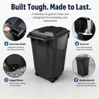 32 Gallon Outdoor Trash Can with Lid, Heavy-Duty Wheeled Garbage Bin for Backyard, Deck or Garage, Black, Can with Attached Snap Lock Lid and Heavy-Duty Handles (32 Gallon)