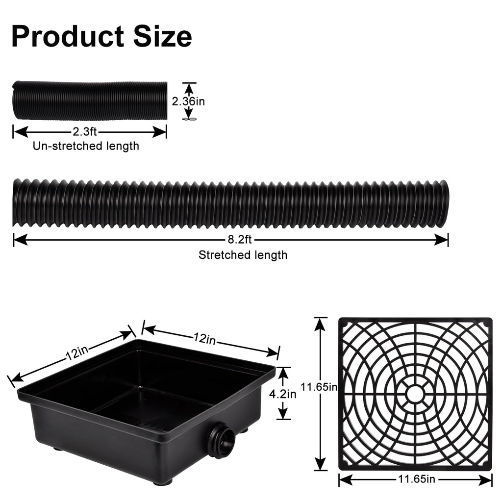 Prestantious Catch Basin Gutter Downspout Extensions, 12"×12" Low Profile Catch Basin Downspout Extender with 2" ID Flexible Pipe, No Deep Dig Needed, Rainwater Diverter, Pipe Stretched Length 8.2ft