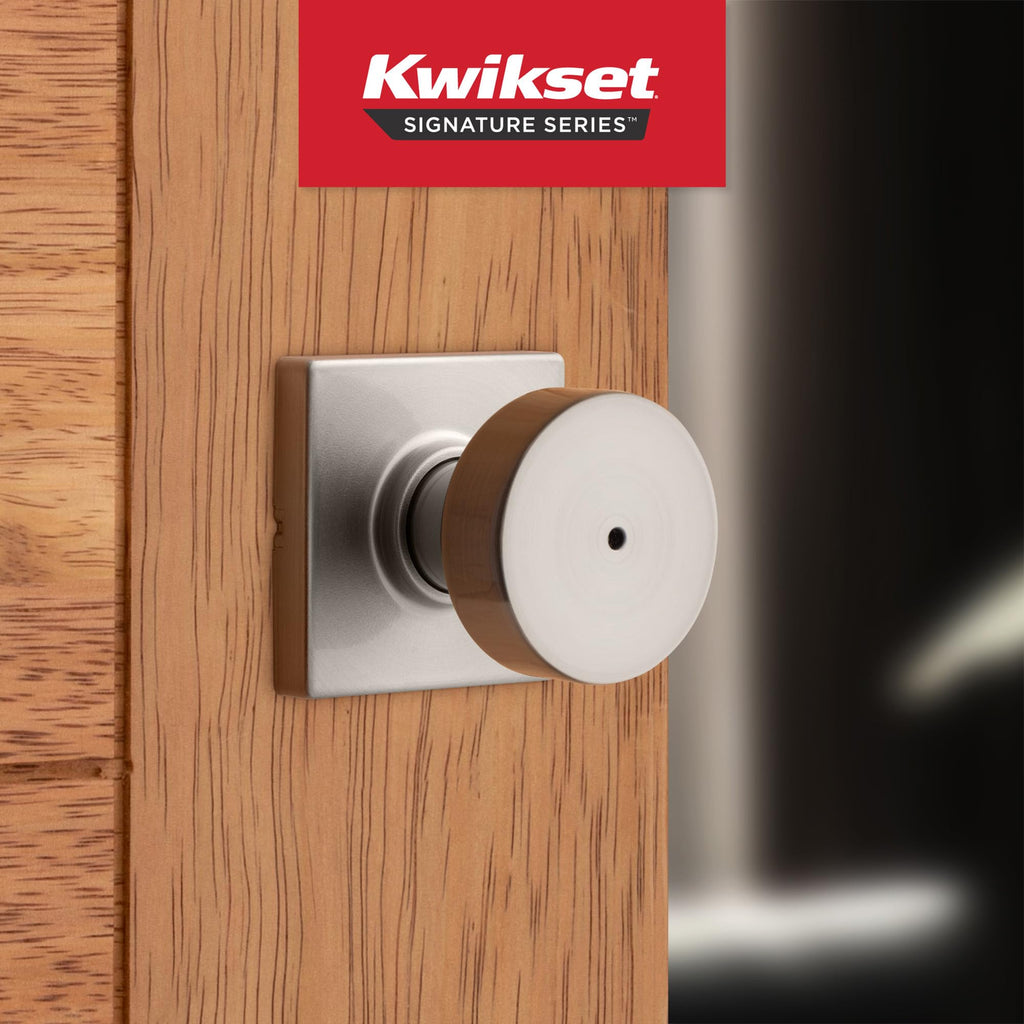 Kwikset Pismo Interior Privacy Door Knob with Lock, Door Handle For Bathroom and Bedroom, Satin Nickel Keyless Turn Lock Doorknob, with Microban Protection