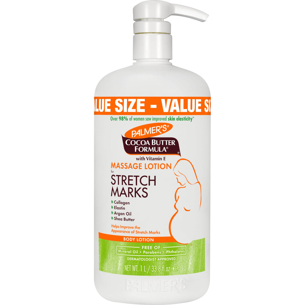 Palmer's Cocoa Butter Formula Massage Lotion For Stretch Marks, Pregnancy Skin Care, Belly Cream with Collagen, Elastin, Argan OIl and Shea Butter, 33.8 Ounces
