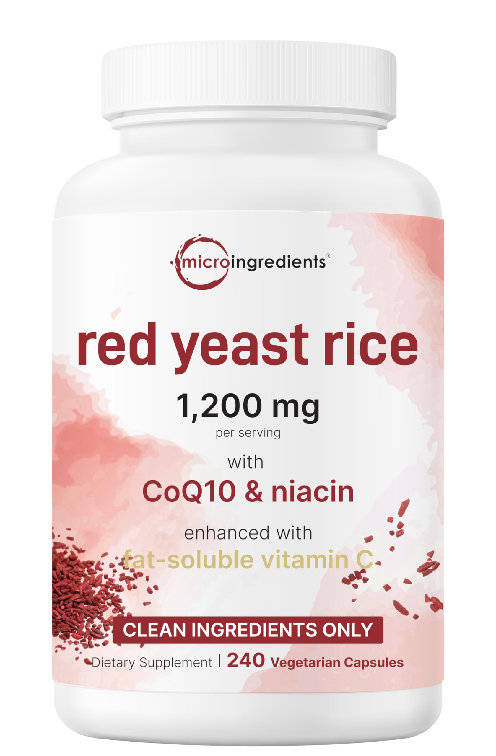 Red Yeast Rice 1,200mg with CoQ10 100mg, 240 Veggie Capsules | 4-in-1 with Flush Free Niacin & Fat Soluble Vitamin C | Cholesterol Support & Heart Health Supplements | Filler Free, Non-GMO, No Gluten