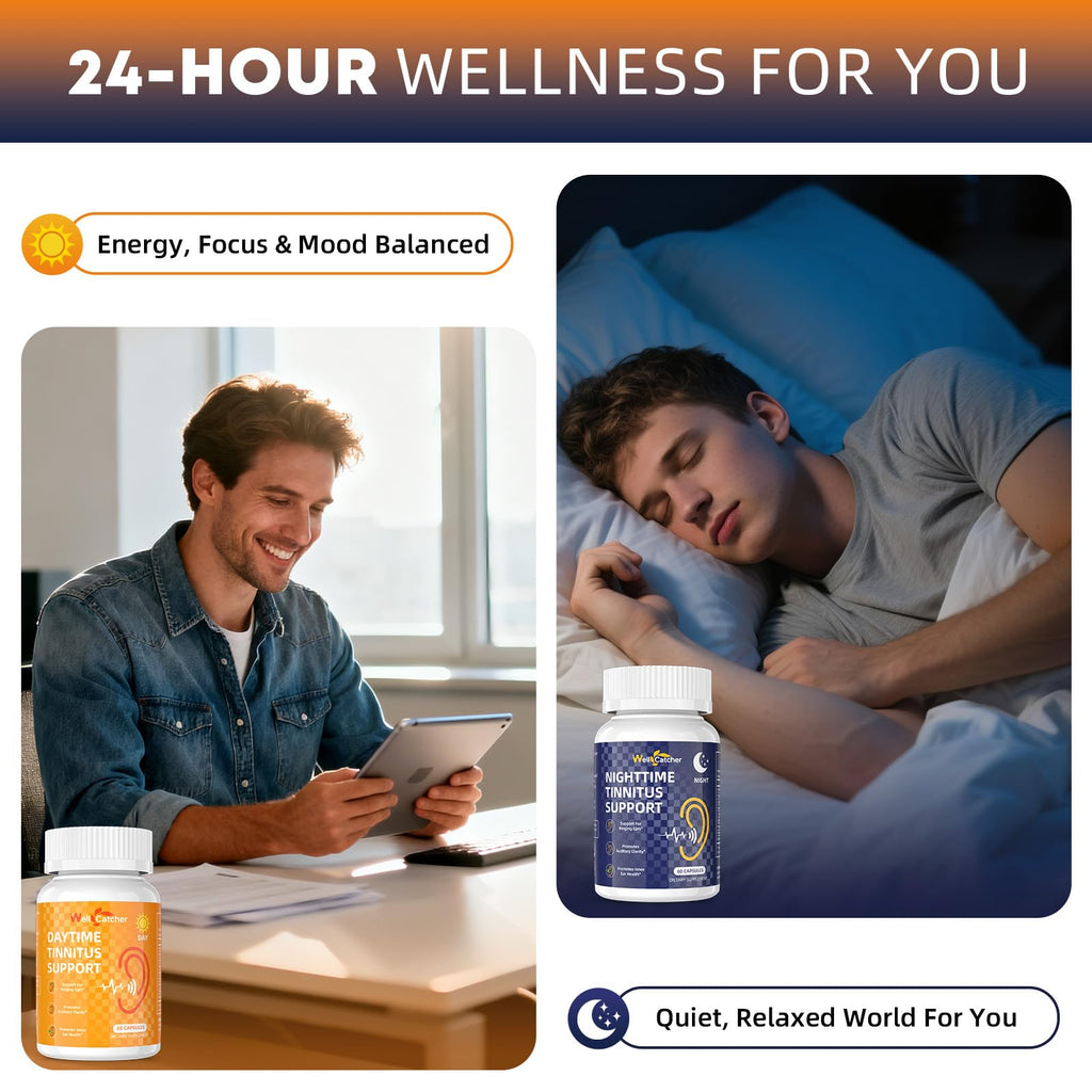 Wellcatcher Tinnitus Support for Ear Ringing: Liposomal Flavonoids Tinnitus Supplement Supports Inner Ears Healthy Auditory Nerve Function & Sleep, Daytime Nighttime 24H Kits for Adults Vegan 120CT