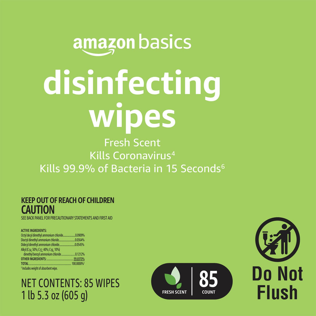 Amazon Basics Disinfecting Wipes, Lemon & Fresh Scent, Sanitizes/Cleans/Disinfects/Deodorizes, 1020 Count (12 Packs of 85)
