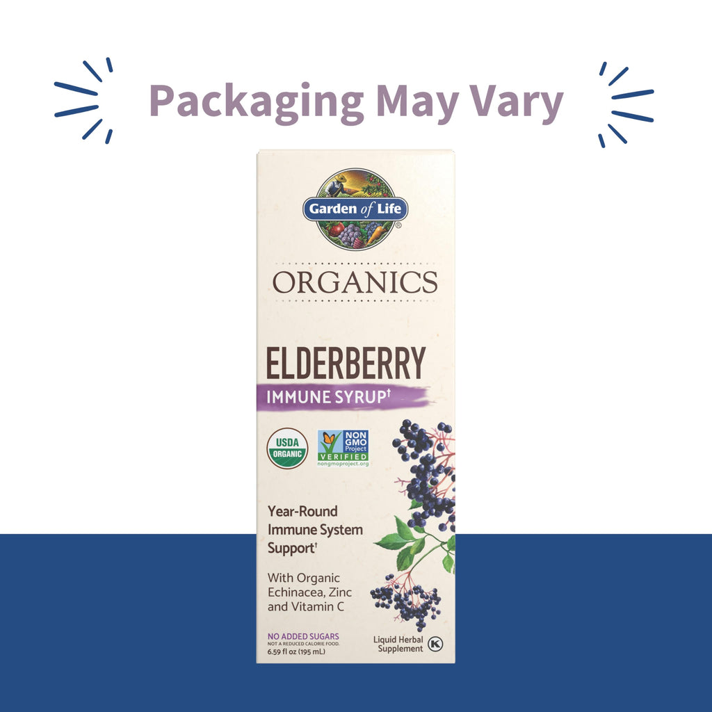 Garden of Life Organics Plant Based Elderberry Immune Syrup 6.59 floz (195 mL) for Kids & Adults - Sambucus, Echinacea, Zinc & Vitamin C, 0g Sugar, Organic Vegan Gluten Free Herbal Supplement