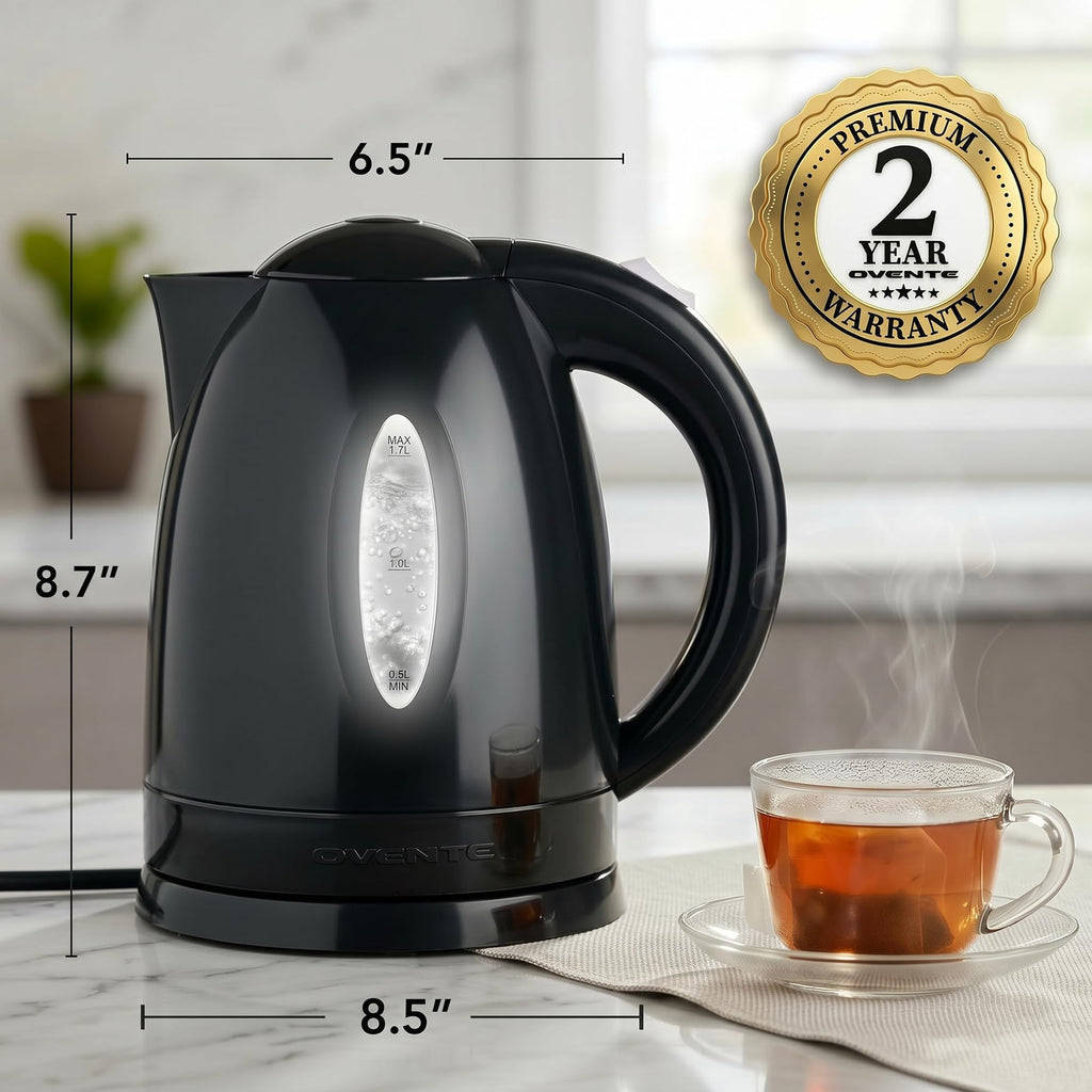 OVENTE 1.7L Electric Tea Kettle, Fast Boiling Water Heater, Black KP72B