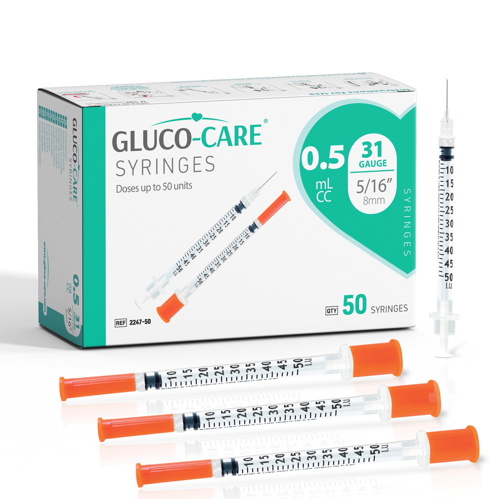 GLUCO-CARE 0.5 ml/cc Syringes 31G x 5/16’’ (8mm), Orange Cap, Box of 50 pcs