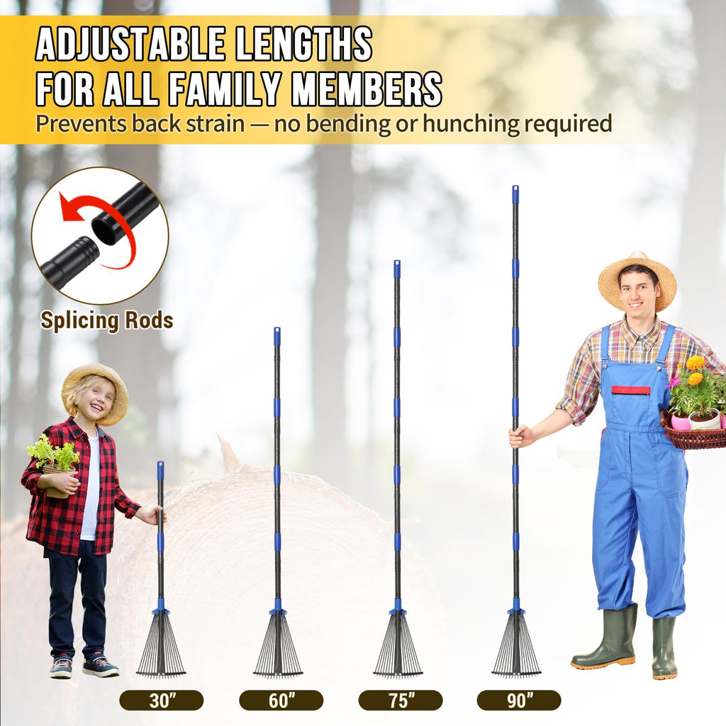 Adjustable Leaf Rake, Heavy Duty Metal Rake for Leaves, Long Handle 30"-60" with Expandable Head 8"-17", Collapsible Small Rakes for Lawns, Gardening, Yard, Camping, Shrub, Grass, Bush, Weed, Debris