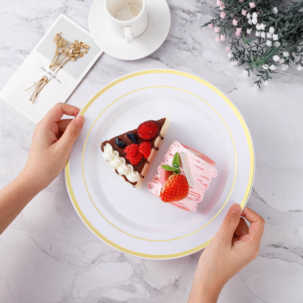 BESTVIP 100Pcs Gold Plastic Plates, 10.25 Inch Disposable Dinner Plates