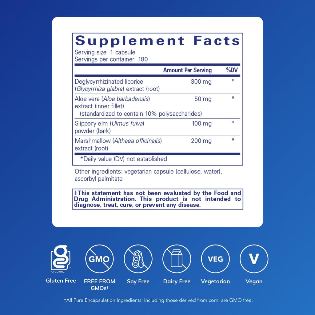 Pure Encapsulations DGL Plus - Gut Health Supplements for Men & Women - with Marshmallow Root, Aloe Vera Extract & Slippery Elm Bark - Non-GMO & Vegan - 180 Capsules